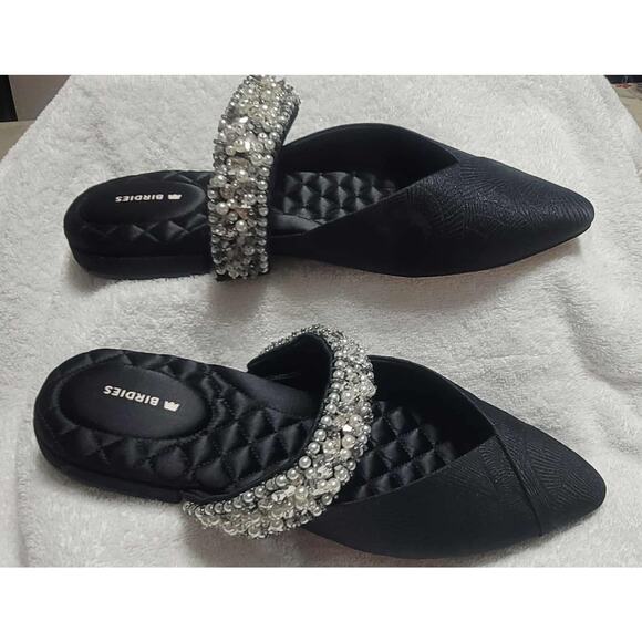 NWT Women's Birdies The Swan Black Satin Jacquard Beaded Cuff size 11 Glam - Picture 2 of 6